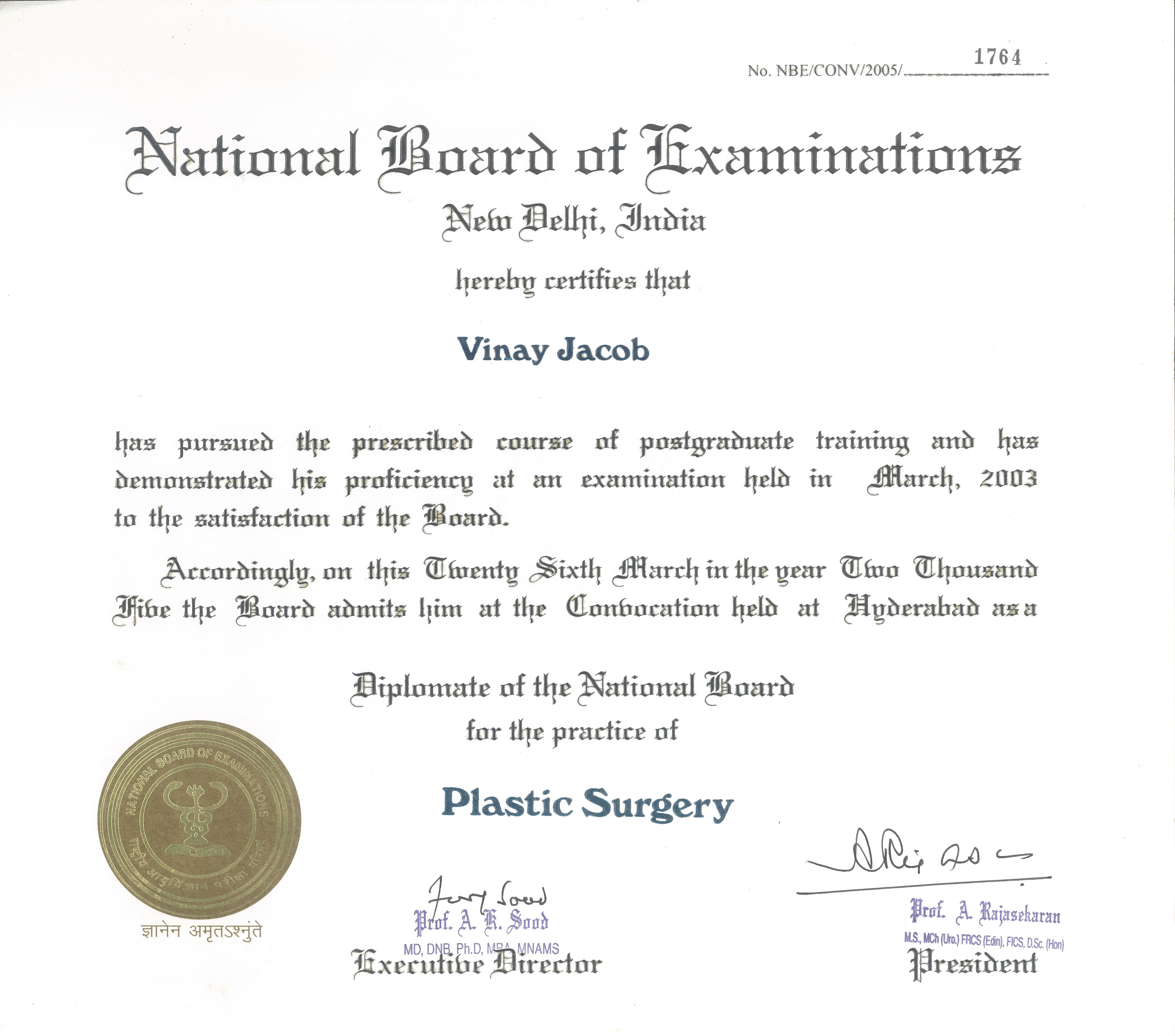 DNB in Plastic Surgery — National Board of Examinations (2003) certificate for Dr. Vinay Jacob