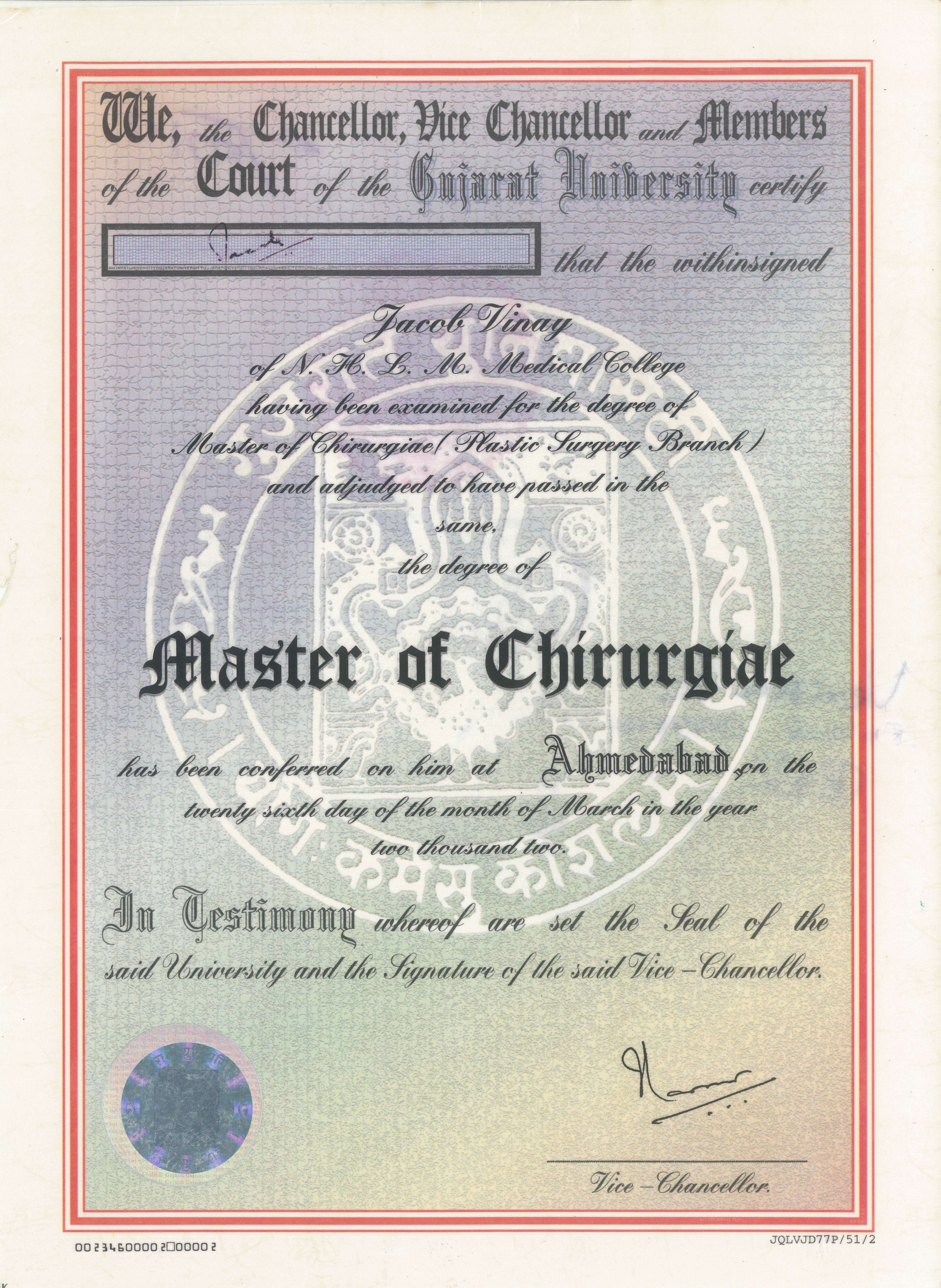 MCh in Plastic Surgery — Gujarat University (2002) certificate for Dr. Vinay Jacob