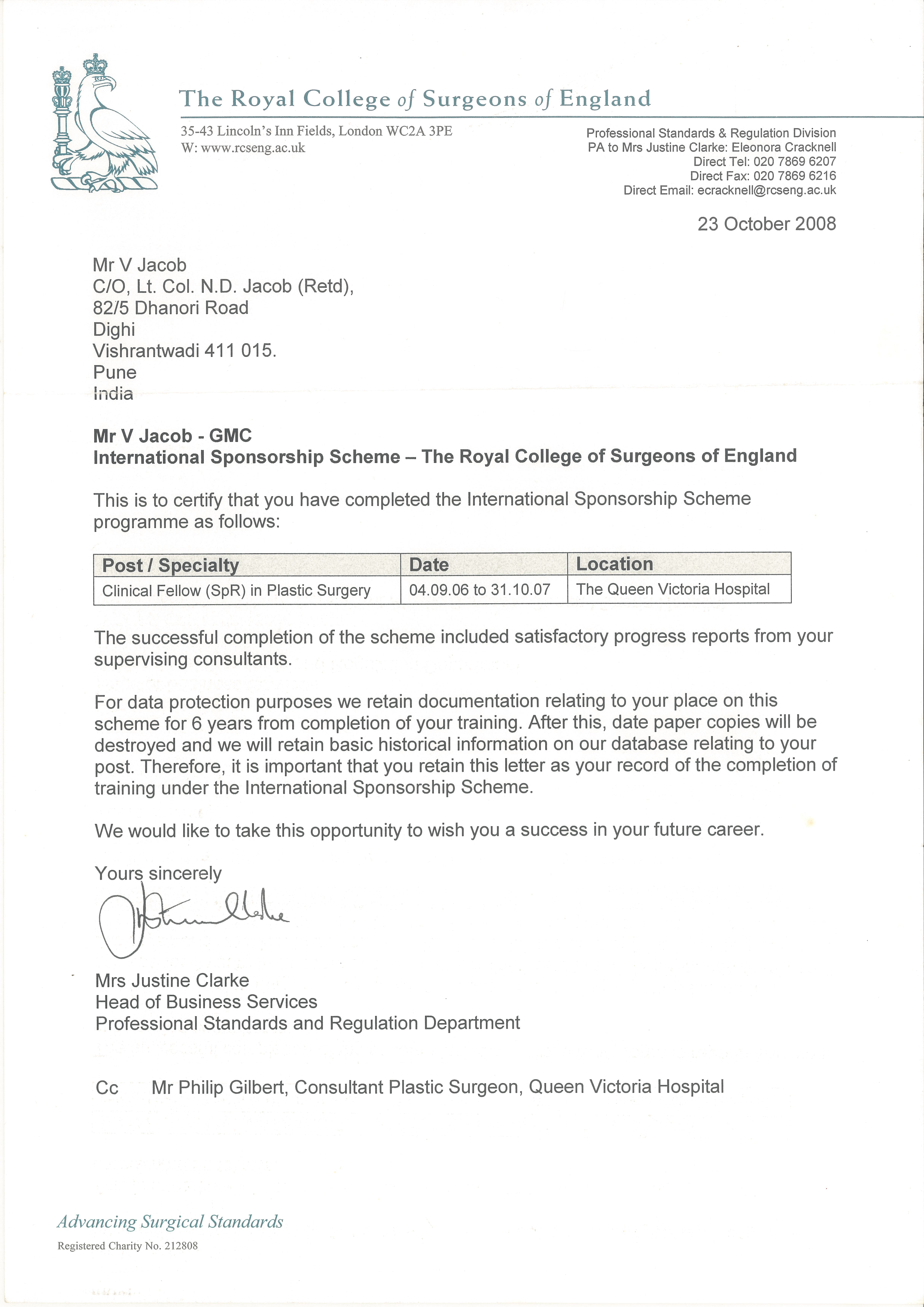 Clinical Fellowship in Plastic Surgery — Queen Victoria Hospital, UK (2006–2007) certificate for Dr. Vinay Jacob