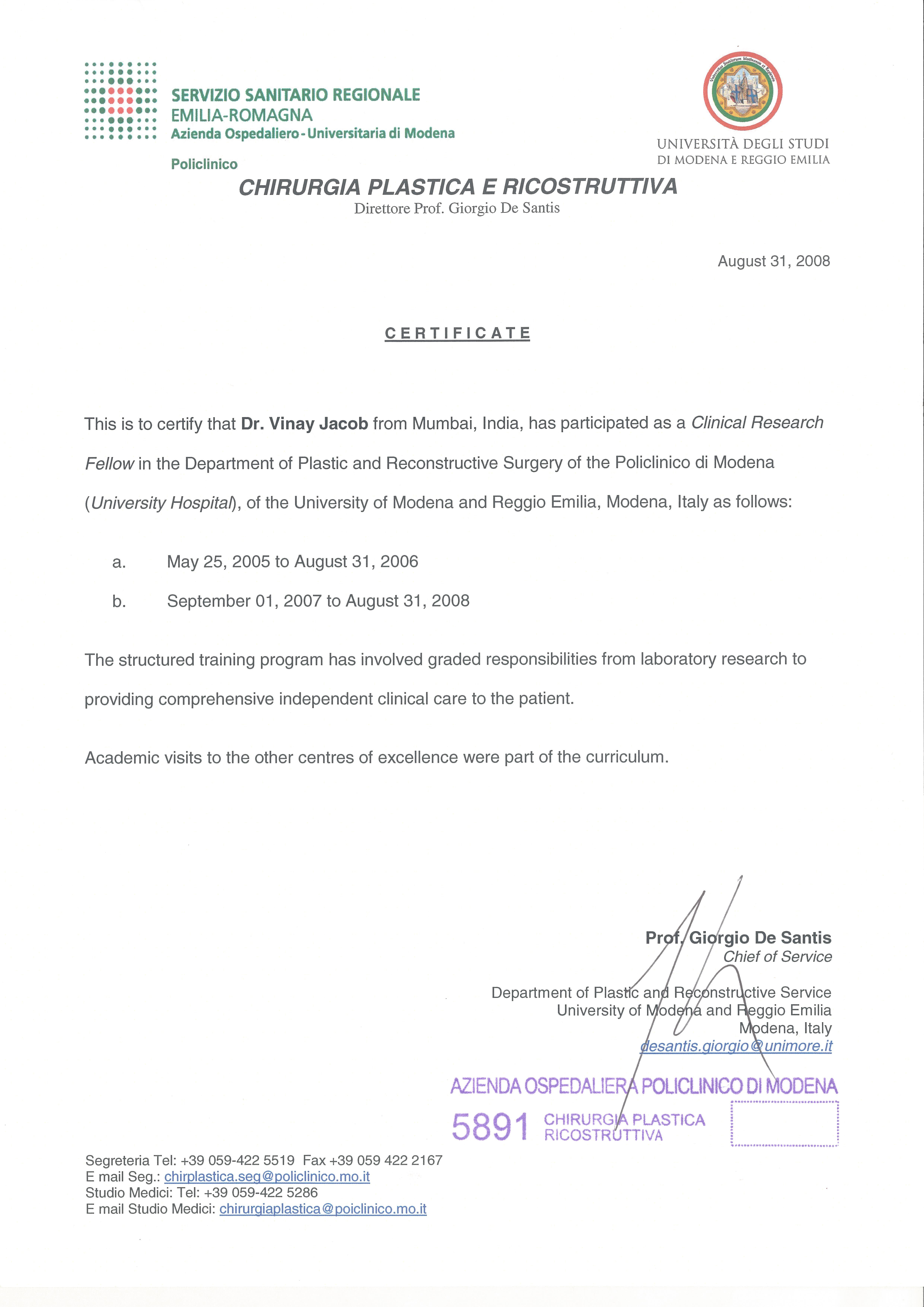 Clinical Research Fellowship — Policlinico di Modena, Italy (2005–2008) certificate for Dr. Vinay Jacob