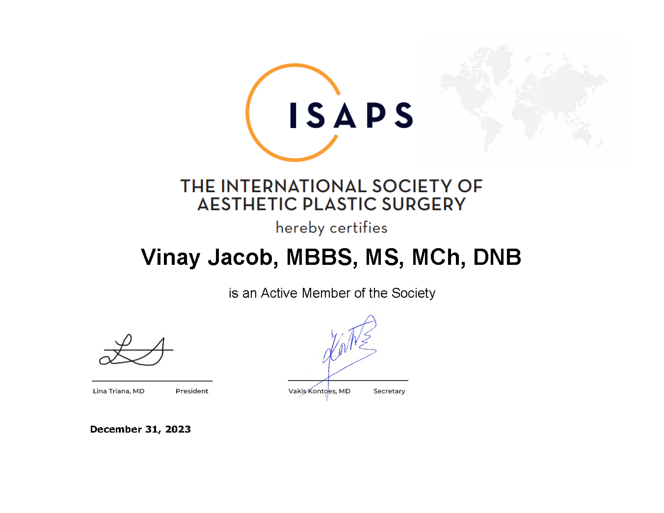 International Society of Aesthetic Plastic Surgery Active Membership (2023) certificate for Dr. Vinay Jacob