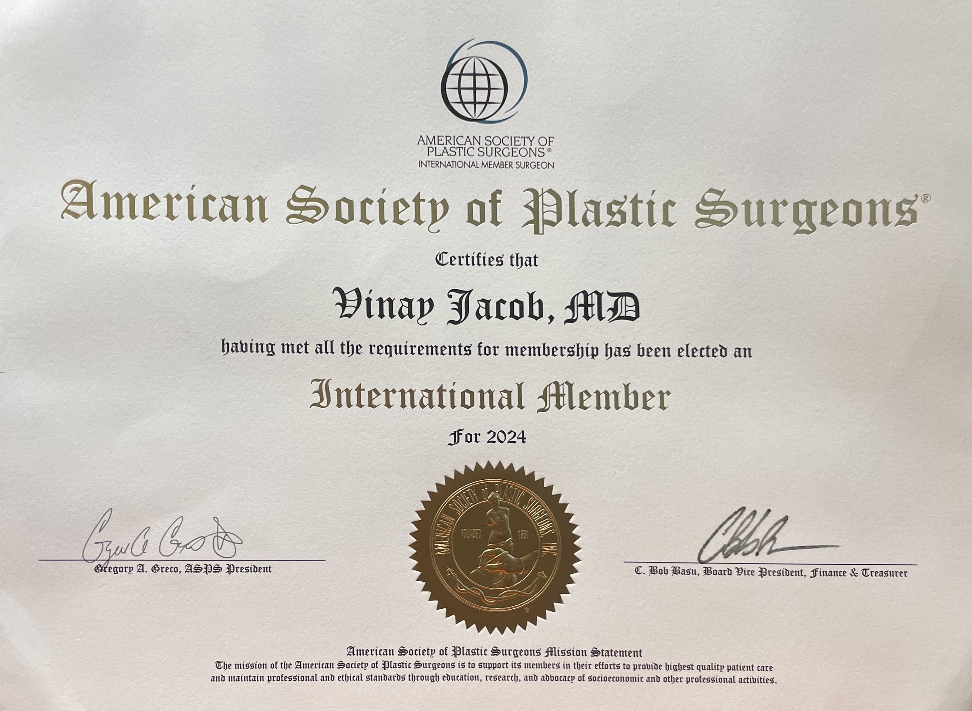 American Society of Plastic Surgeons International Membership (2024) certificate for Dr. Vinay Jacob