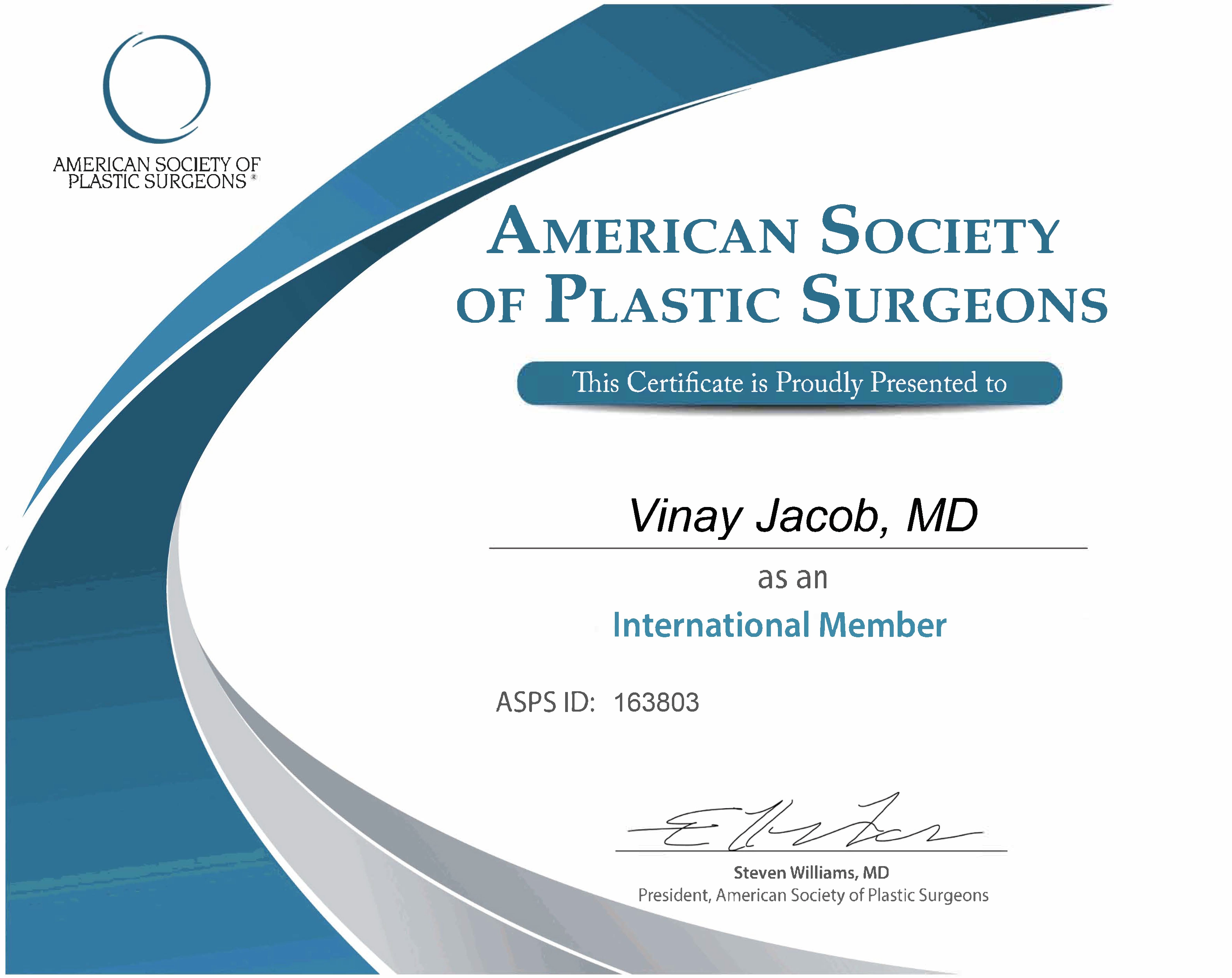 American Society of Plastic Surgeons International Member Credential certificate for Dr. Vinay Jacob