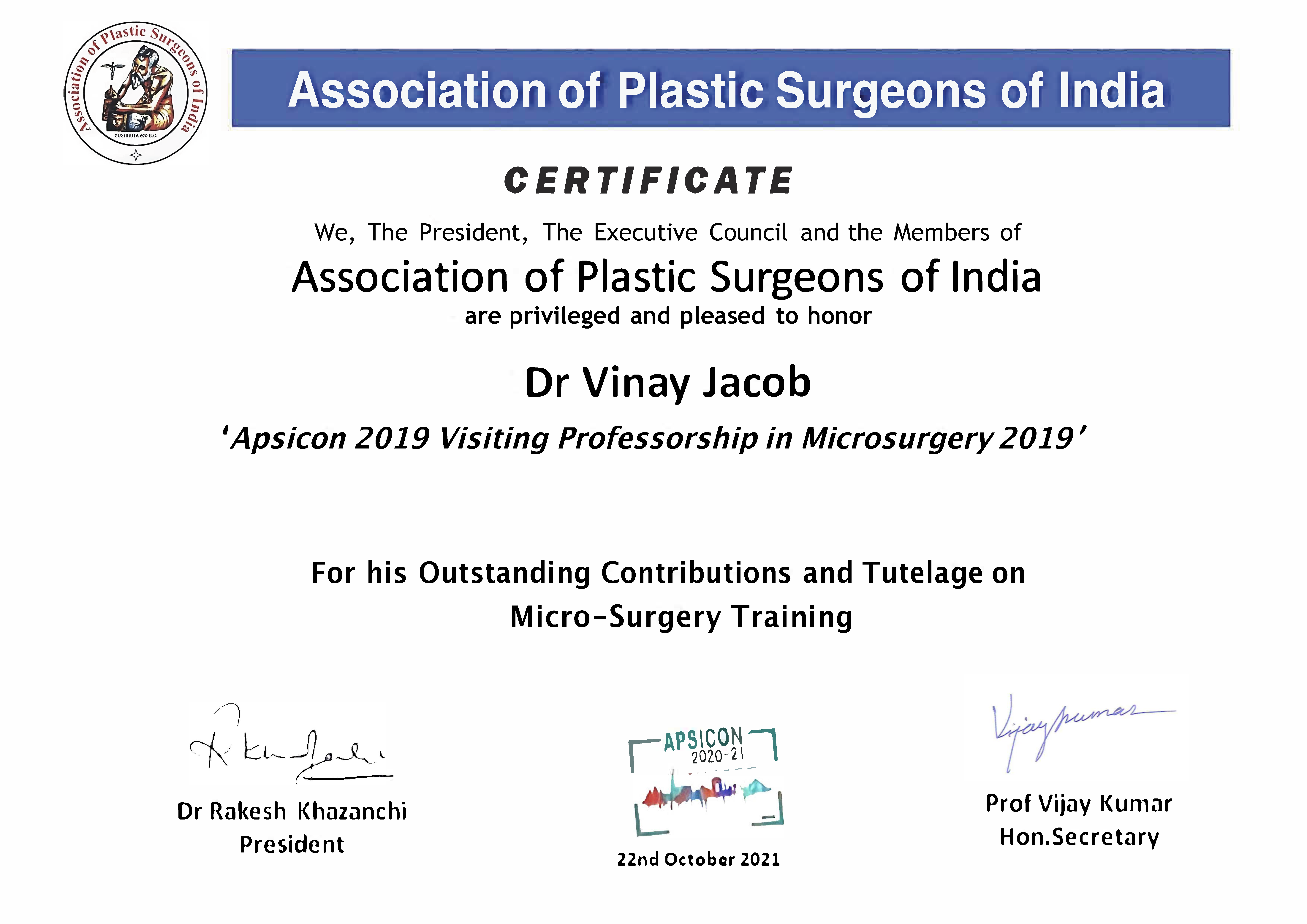 APSICON Visiting Professorship in Microsurgery (2019) certificate for Dr. Vinay Jacob