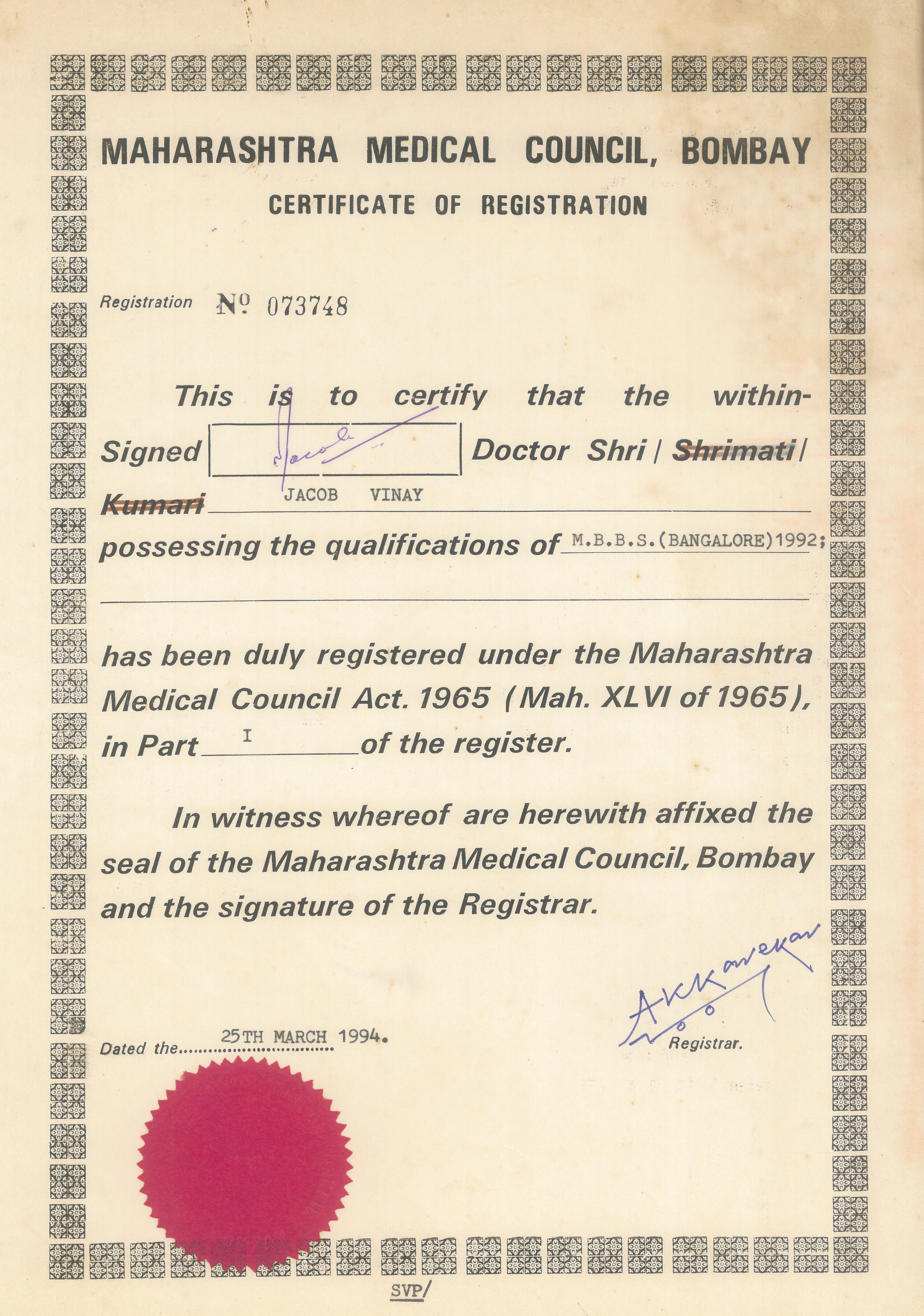 Maharashtra Medical Council MBBS Registration (1994) certificate for Dr. Vinay Jacob