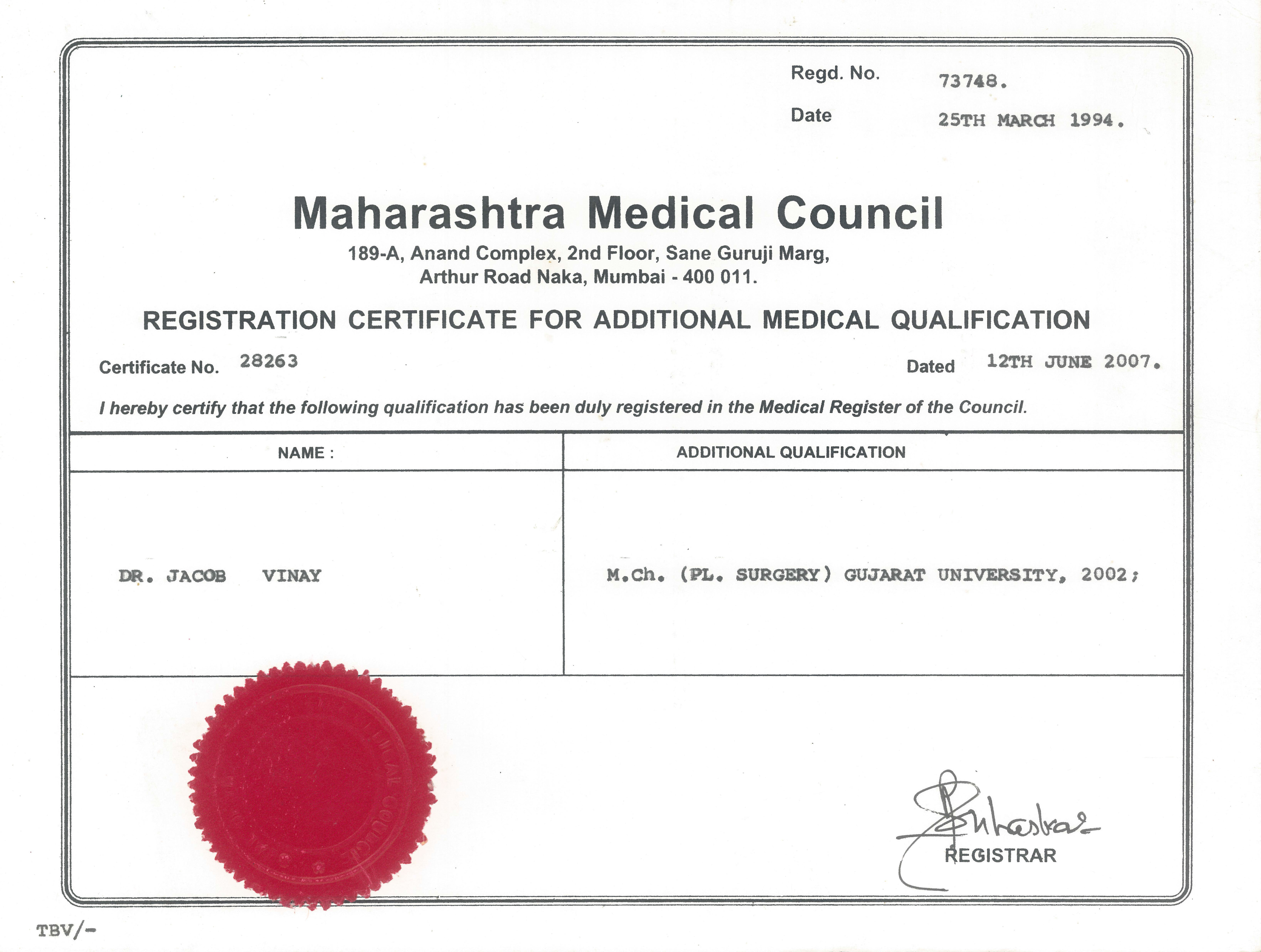Maharashtra Medical Council Registration — MCh in Plastic Surgery (2007) certificate for Dr. Vinay Jacob