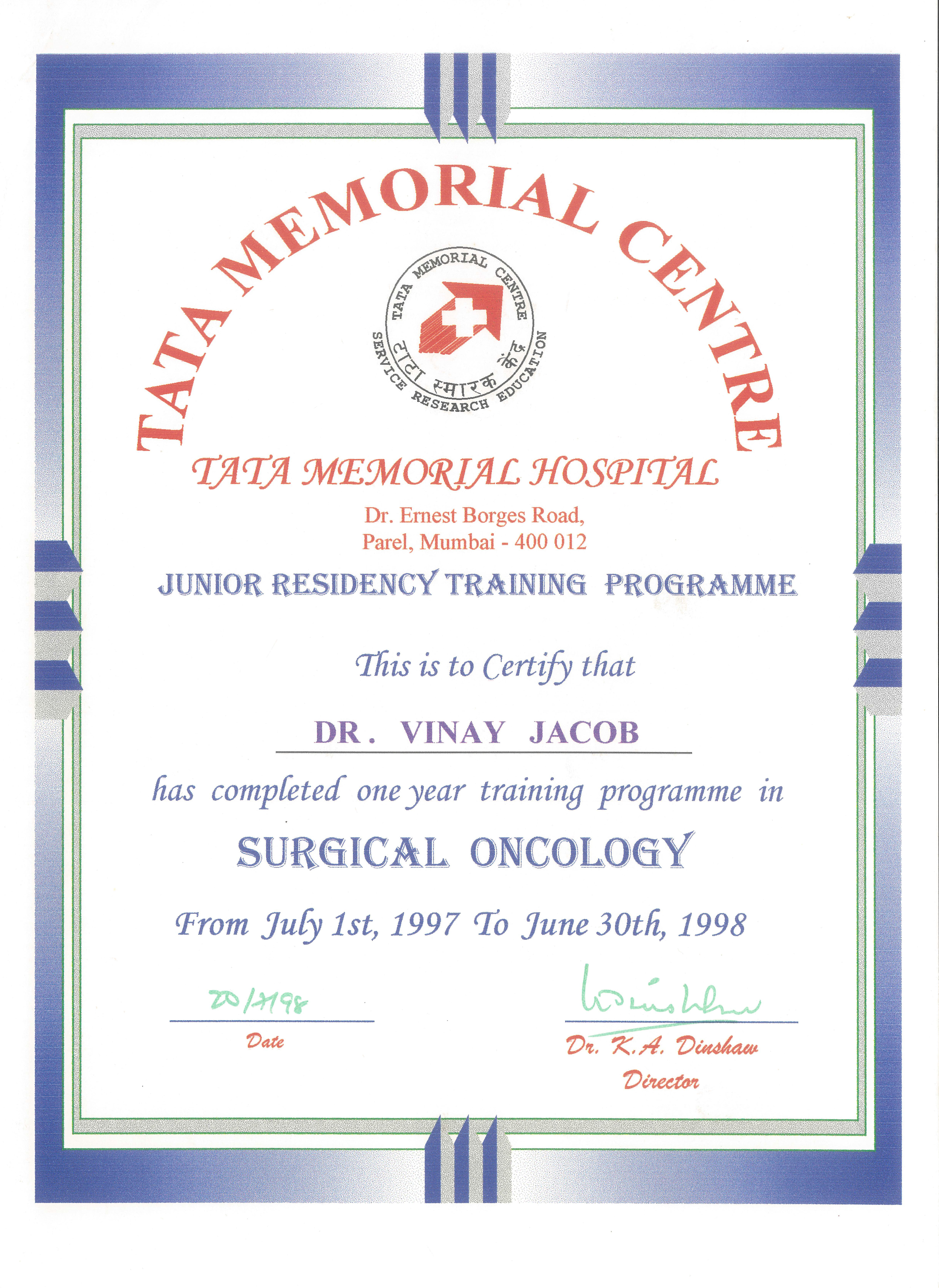 Surgical Oncology Junior Residency — Tata Memorial Hospital (1997–1998) certificate for Dr. Vinay Jacob