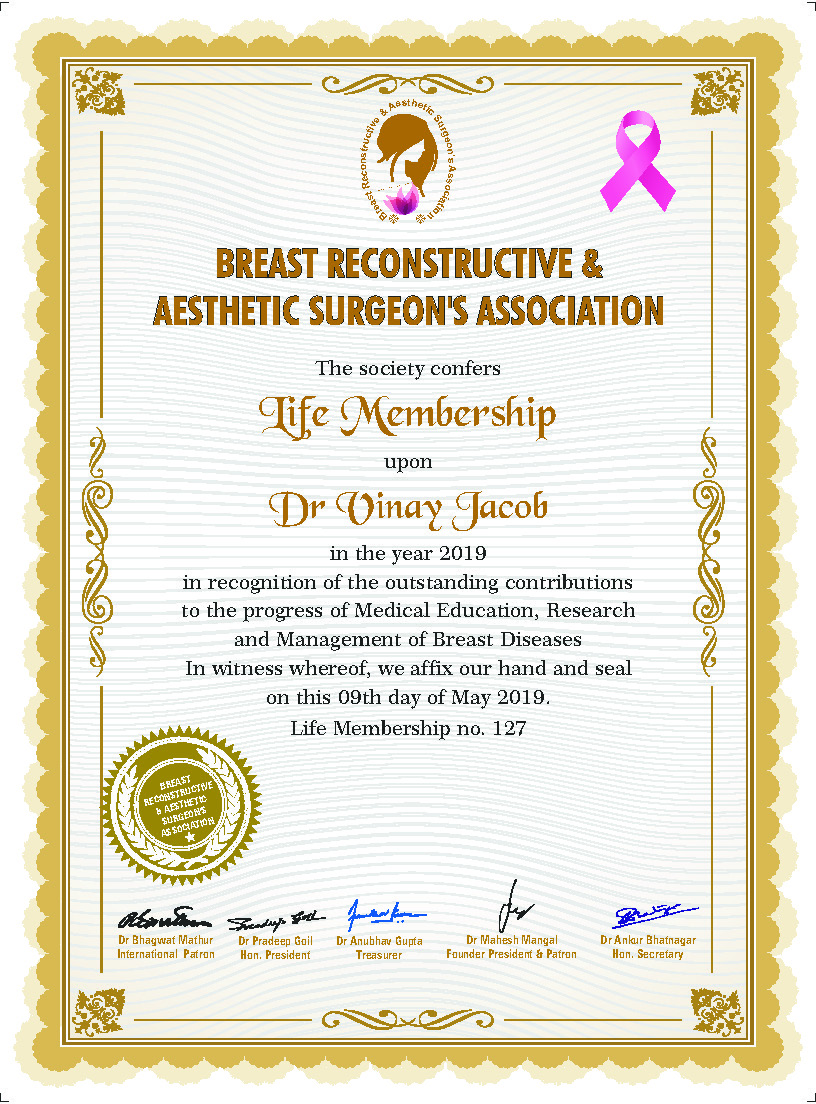 Breast Reconstructive and Aesthetic Surgeons Association Life Membership (2019) certificate for Dr. Vinay Jacob