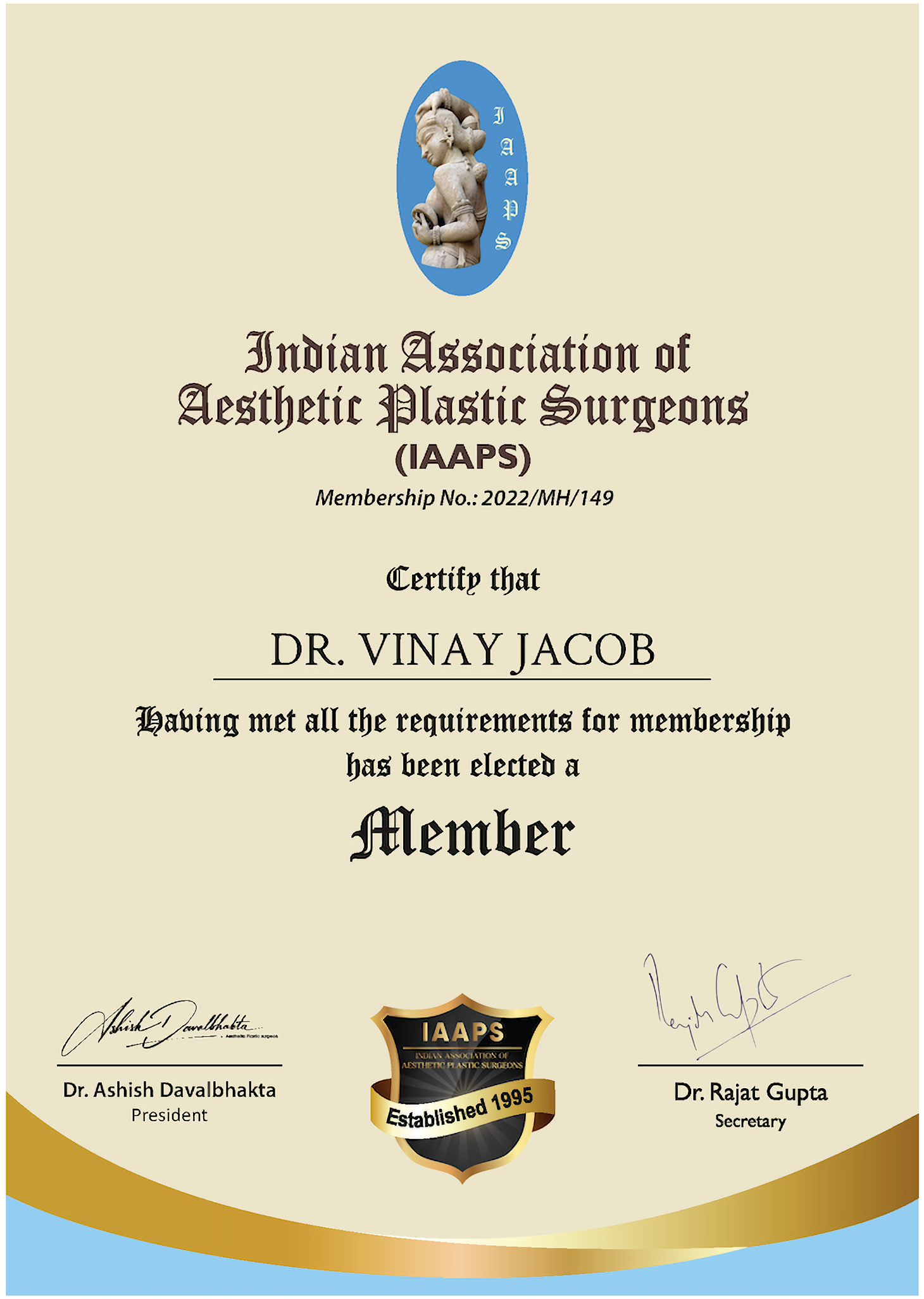 Indian Association of Aesthetic Plastic Surgeons Membership (IAAPS) certificate for Dr. Vinay Jacob