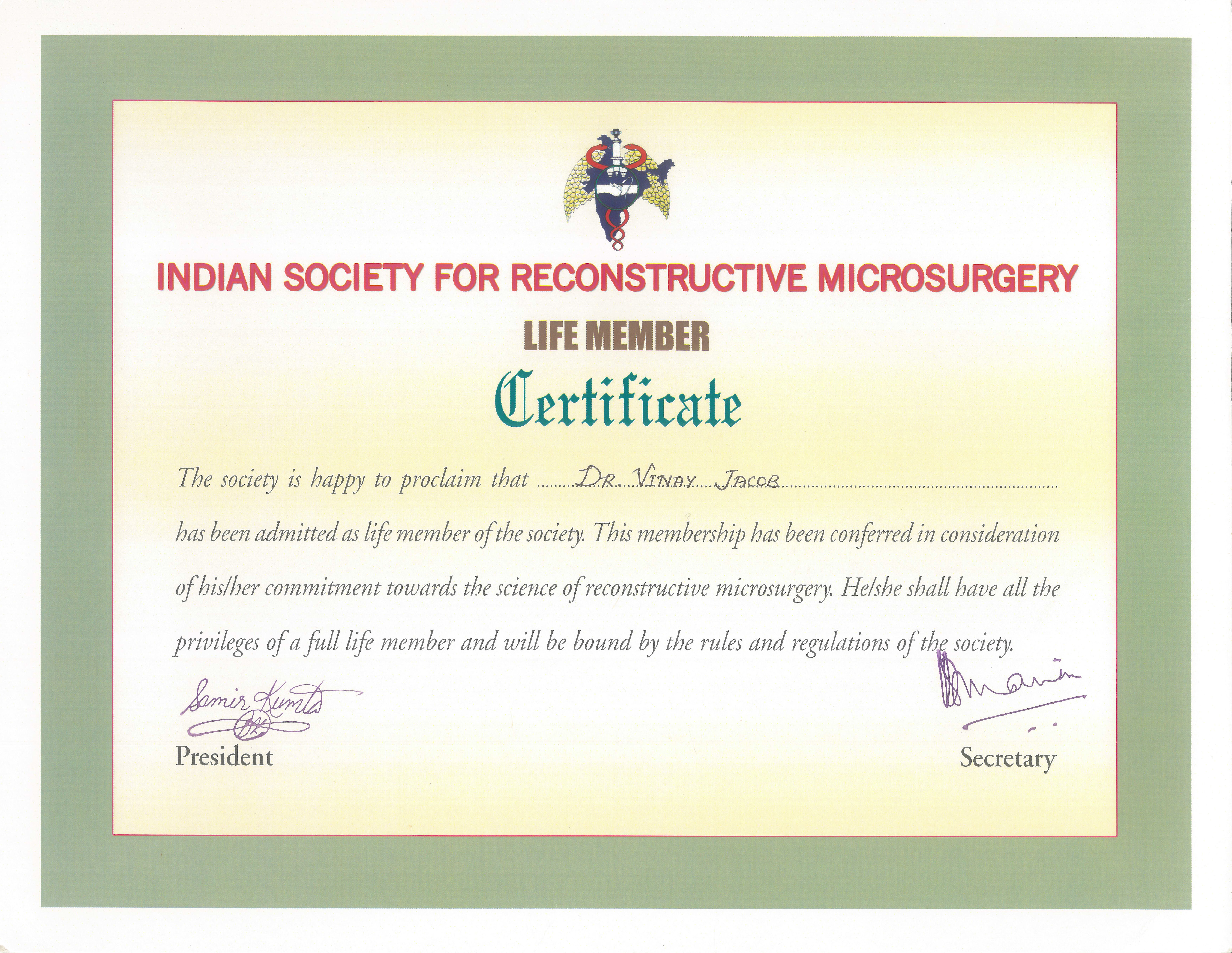 Indian Society for Reconstructive Microsurgery Life Membership (ISRM) certificate for Dr. Vinay Jacob