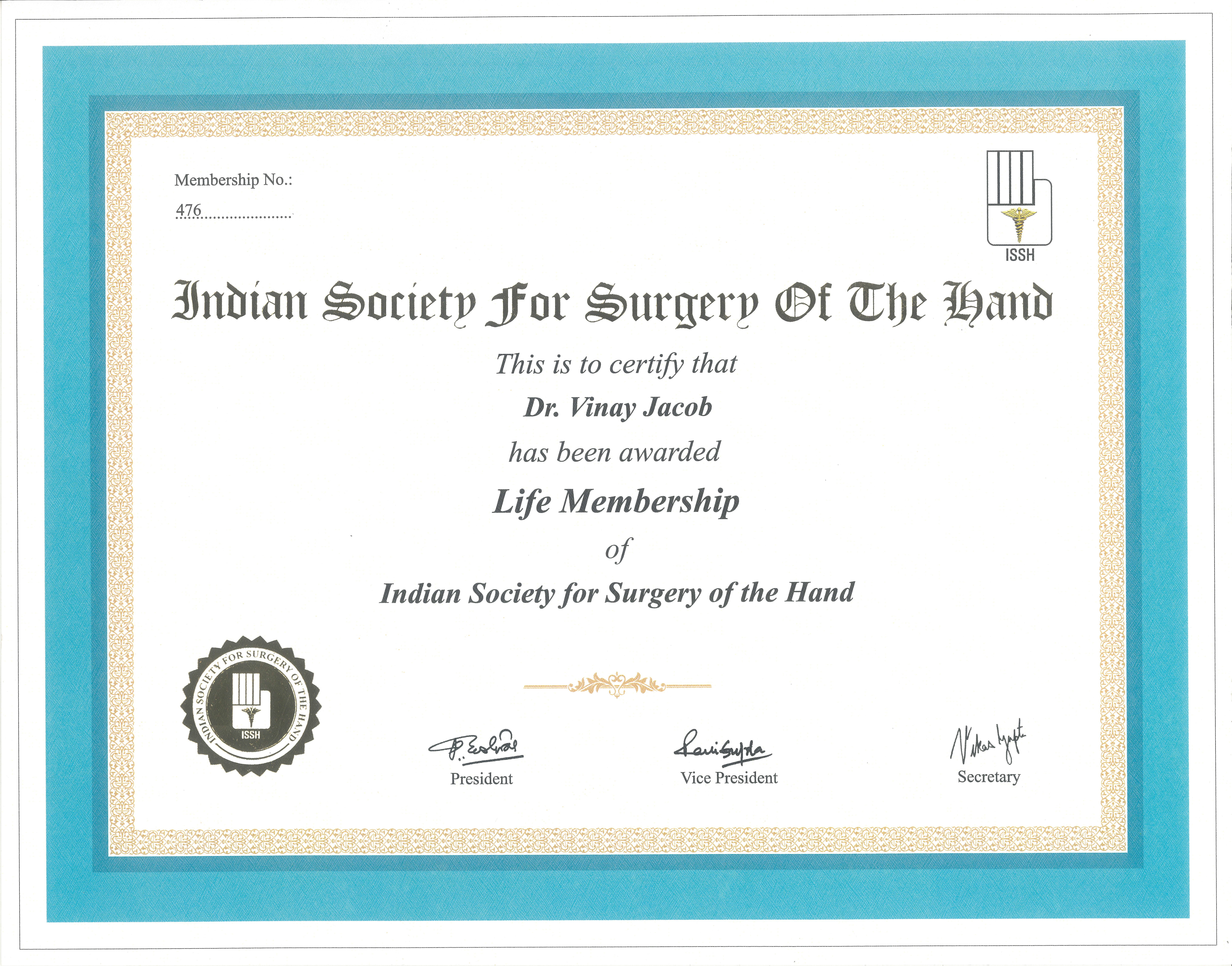 Indian Society for Surgery of the Hand Life Membership (ISSH) certificate for Dr. Vinay Jacob