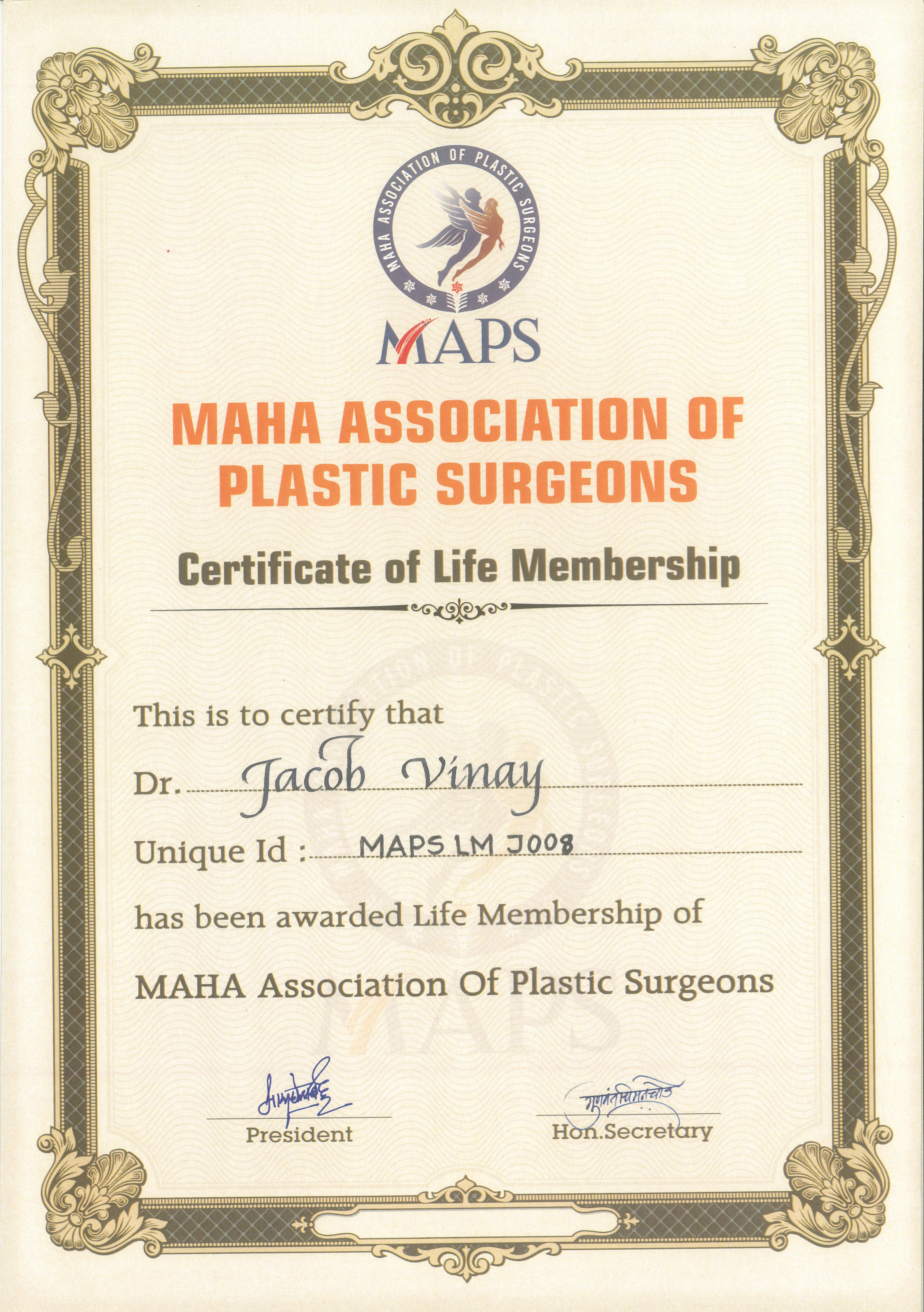 Maha Association of Plastic Surgeons Life Membership (MAPS) certificate for Dr. Vinay Jacob