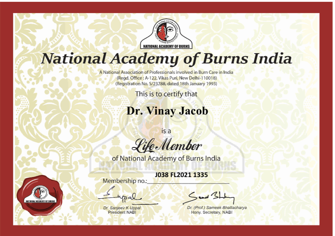 National Academy of Burns India Life Membership (NABI) certificate for Dr. Vinay Jacob