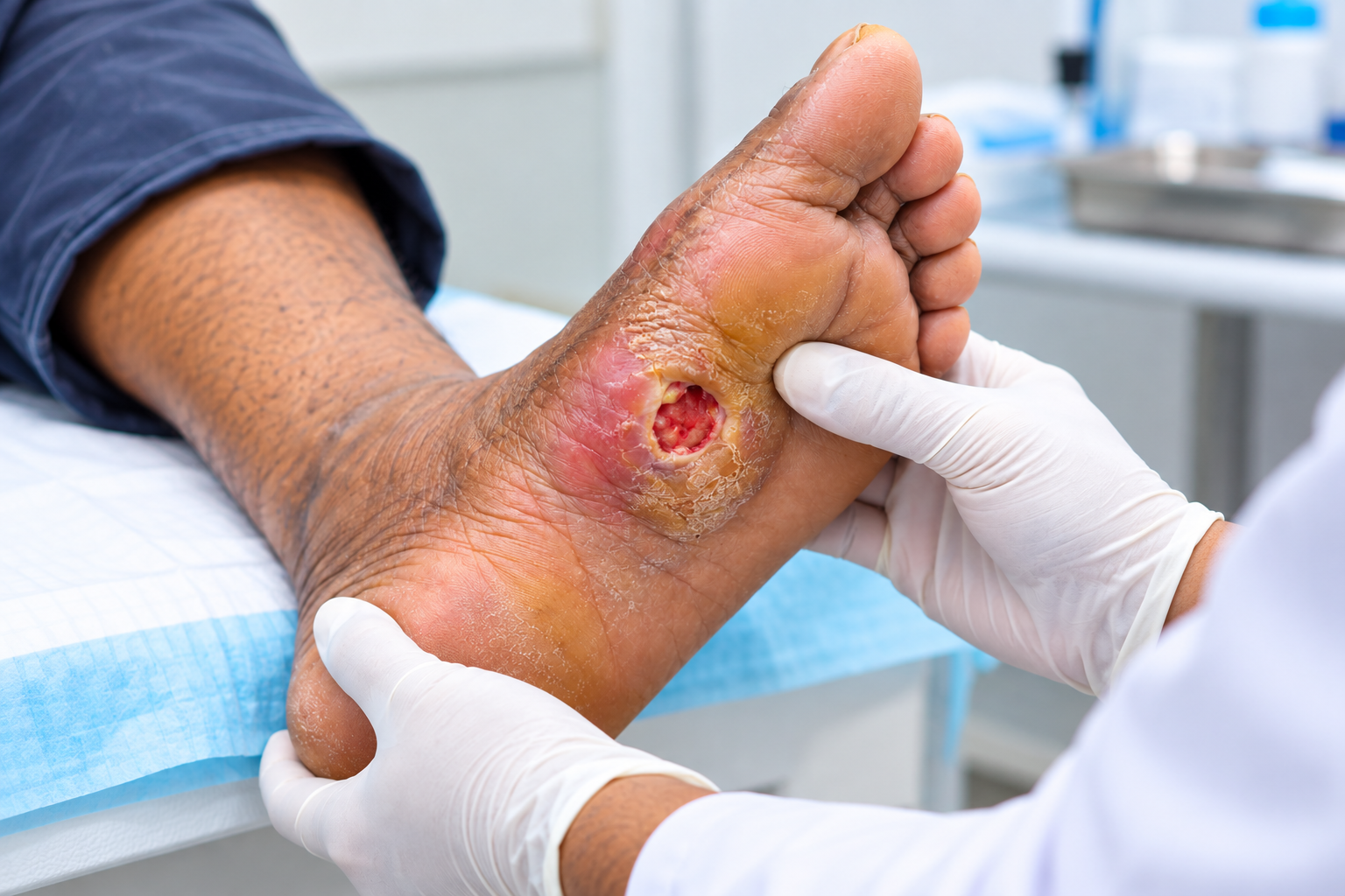Common diabetic foot symptoms and a doctor examining a patient's foot
