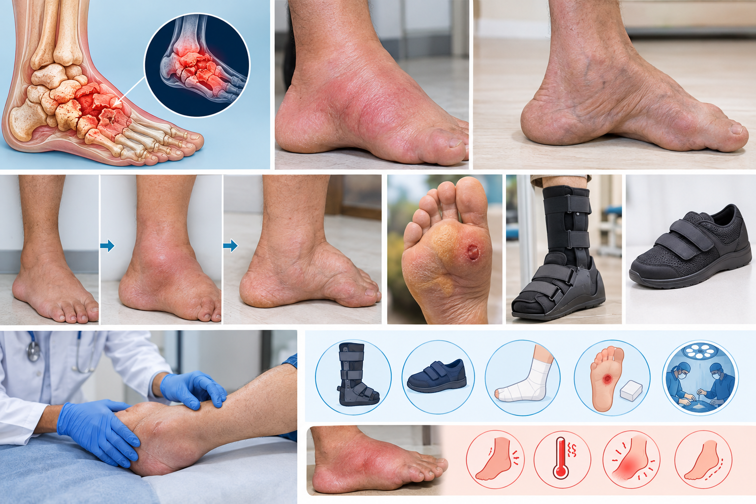 Doctor examining a diabetic patient's foot for signs of Charcot foot deformity