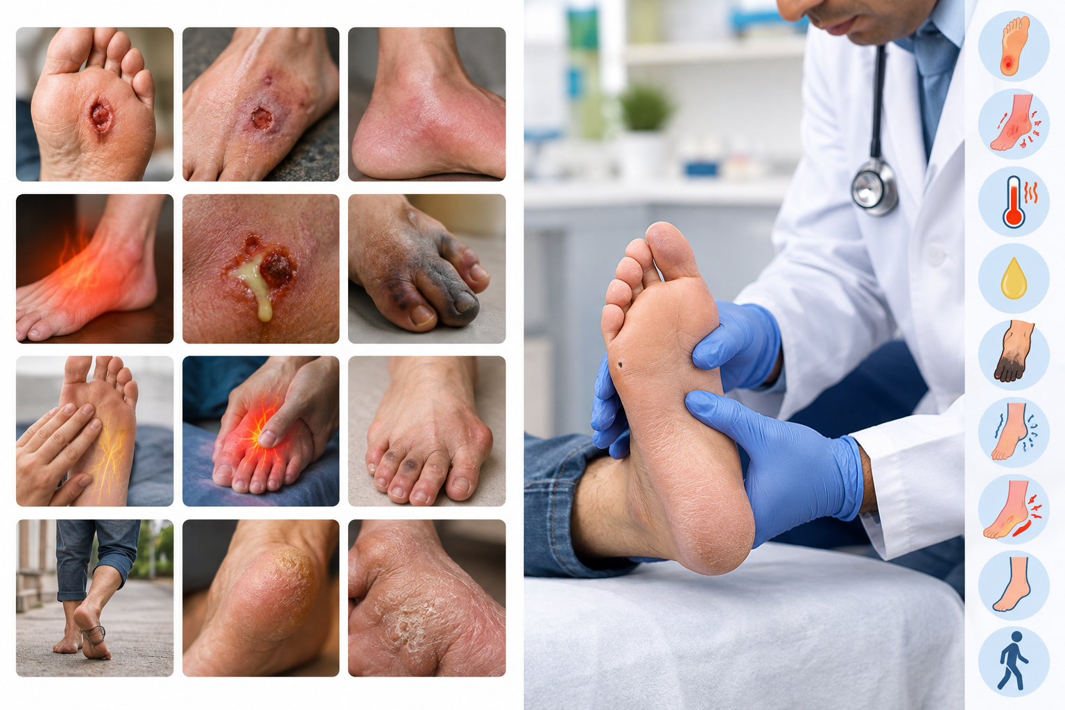 Doctor examining a diabetic patient's foot for ulcers and signs of infection