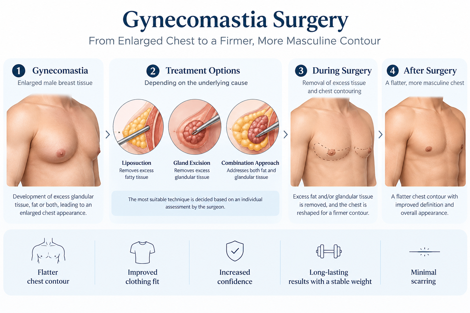 Gynecomastia surgery treatment options including liposuction and gland excision