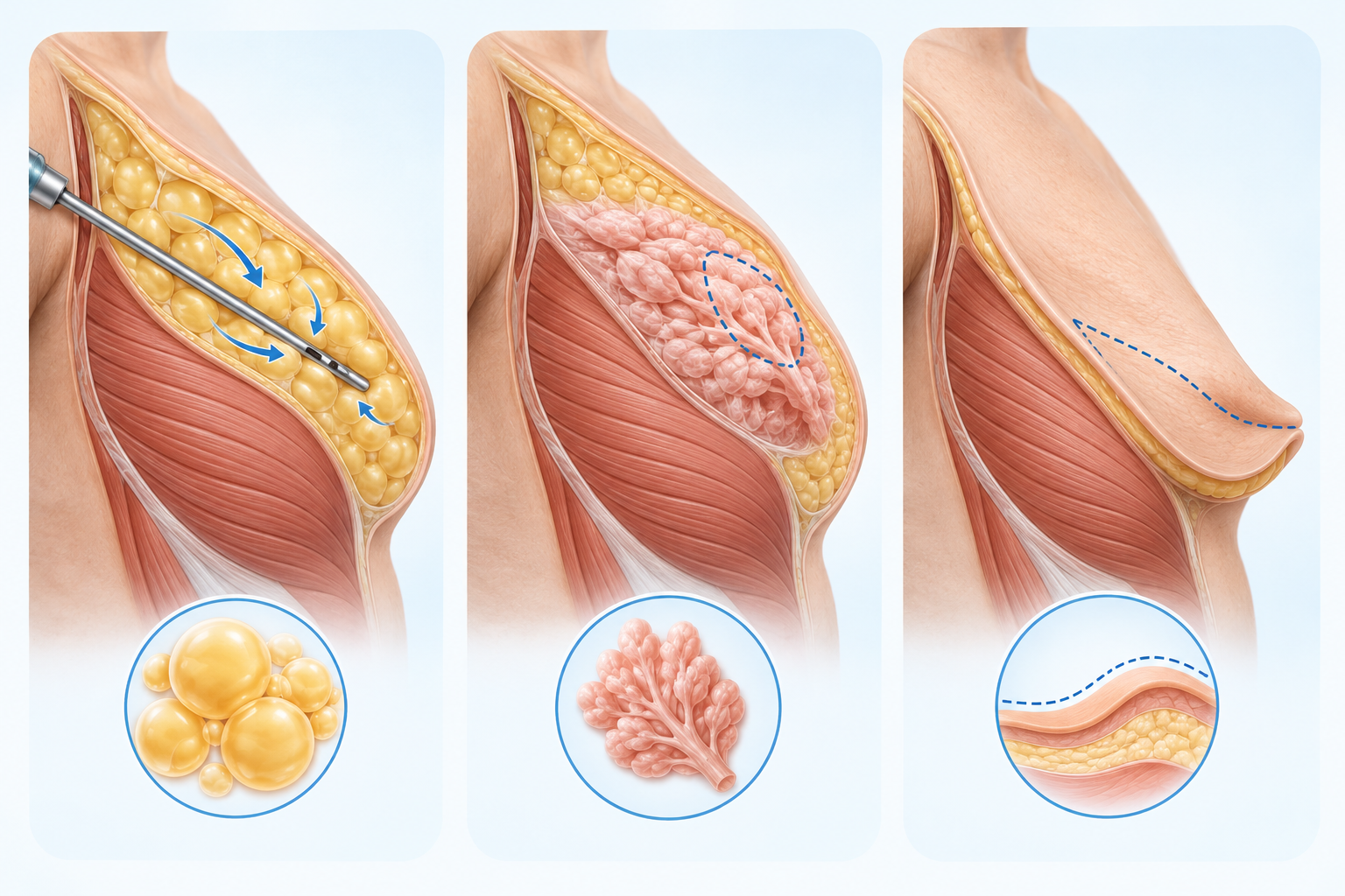 Medical illustration showing gynecomastia treatment options